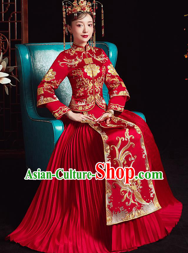 Chinese Ancient Bride Embroidered Phoenix Red Dress Traditional Xiu He Suit Wedding Costumes for Women