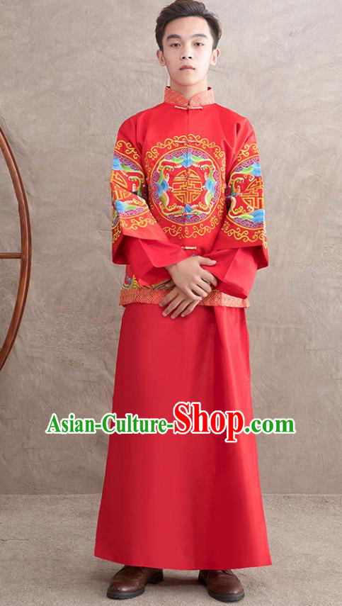 Chinese Ancient Bridegroom Embroidered Peony Red Mandarin Jacket and Gown Traditional Wedding Tang Suit Costumes for Men