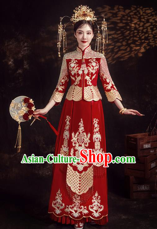 Chinese Ancient Bride Embroidered Diamante Red Xiu He Suit Wedding Costumes Blouse and Dress Traditional Bottom Drawer for Women