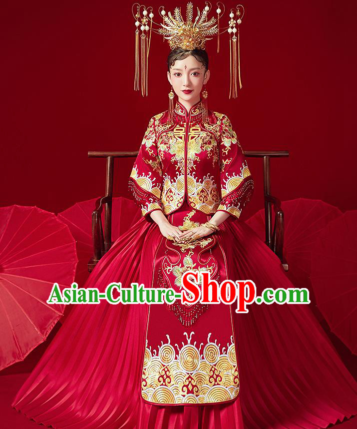 Chinese Ancient Bride Embroidered Peony Red Blouse and Dress Traditional Red Xiu He Suit Wedding Costumes for Women