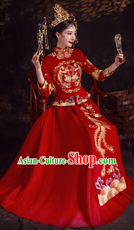 Chinese Ancient Bride Embroidered Phoenix Peony Red Xiu He Suit Wedding Costumes Blouse and Dress Traditional Bottom Drawer for Women