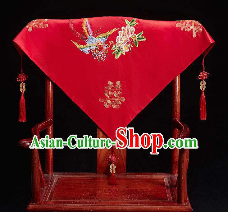 Chinese Ancient Bride Embroidered Phoenix Peony Red Veil Cover Traditional Wedding Headdress for Women