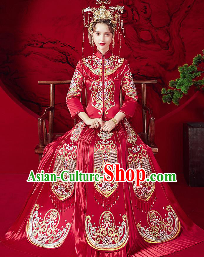 Chinese Ancient Embroidered Peony Red Blouse and Dress Traditional Bride Red Xiu He Suit Wedding Costumes for Women