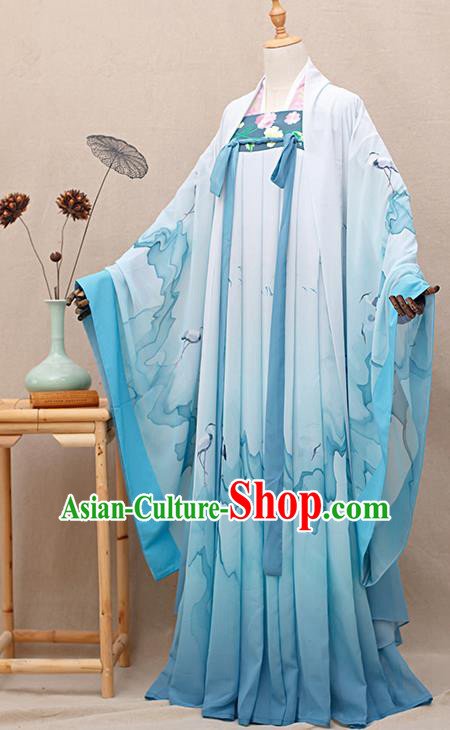 Chinese Traditional Tang Dynasty Princess Blue Hanfu Dress Ancient Peri Goddess Costumes for Women