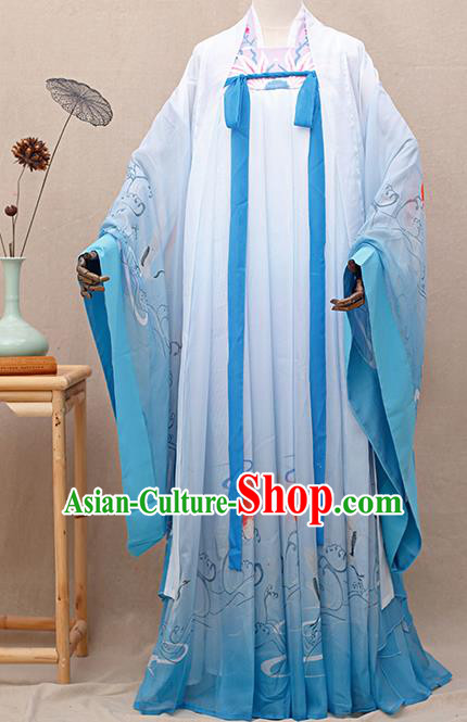 Chinese Traditional Tang Dynasty Princess Printing Blue Hanfu Dress Ancient Peri Goddess Costumes for Women