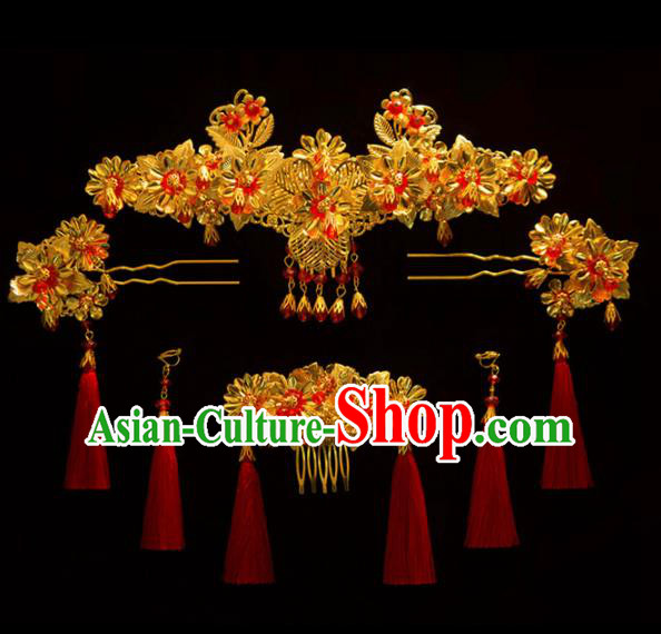 Chinese Ancient Bride Golden Hair Comb Hairpins Traditional Wedding Hair Accessories for Women