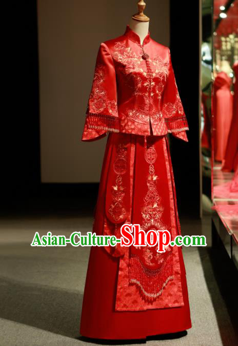 Chinese Ancient Wedding Embroidered Peony Red Blouse and Dress Traditional Bride Xiu He Suit Costumes for Women