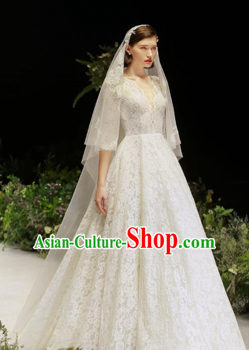 Custom Top Grade White Lace Wedding Dress Bride Trailing Full Dress for Women