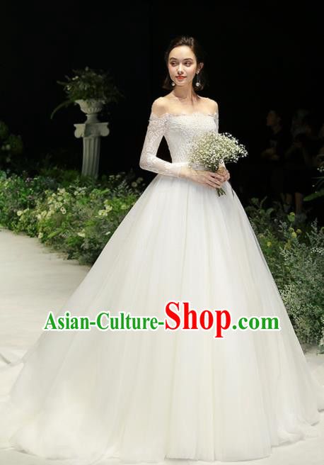 Custom Top Grade White Lace Off Shoulder Wedding Dress Bride Trailing Full Dress for Women