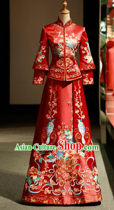 Chinese Ancient Wedding Embroidered Plum Birds Red Blouse and Dress Traditional Bride Xiu He Suit Costumes for Women