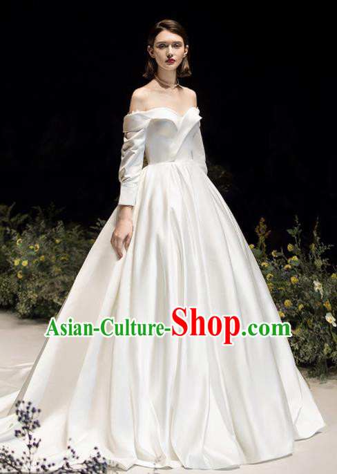 Custom Top Grade White Satin Off Shoulder Wedding Dress Bride Trailing Full Dress for Women