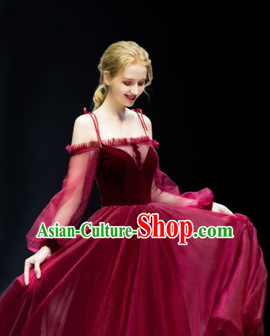 Custom Top Grade Wine Red Veil Wedding Dress Bride Velvet Full Dress for Women