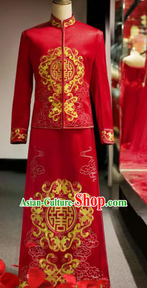 Chinese Ancient Bridegroom Red Mandarin Jacket and Gown Traditional Wedding Tang Suit Costumes for Men