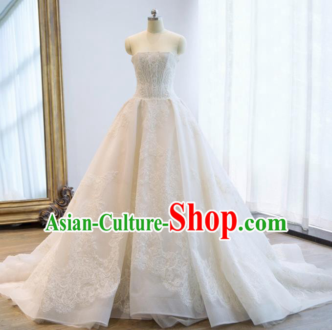 Custom Top Grade Sicily Embroidered Beads Wedding Dress Bride Strapless Full Dress for Women