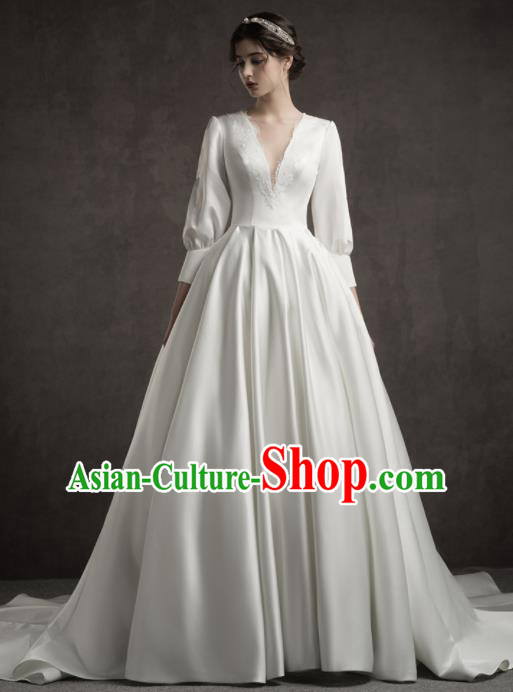 Custom Top Grade White Satin Wedding Dress Bride Trailing Full Dress for Women