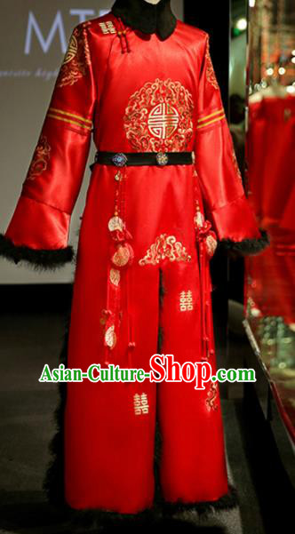 Chinese Ancient Bridegroom Embroidered Red Mandarin Gown Traditional Wedding Tang Suit Costumes for Men