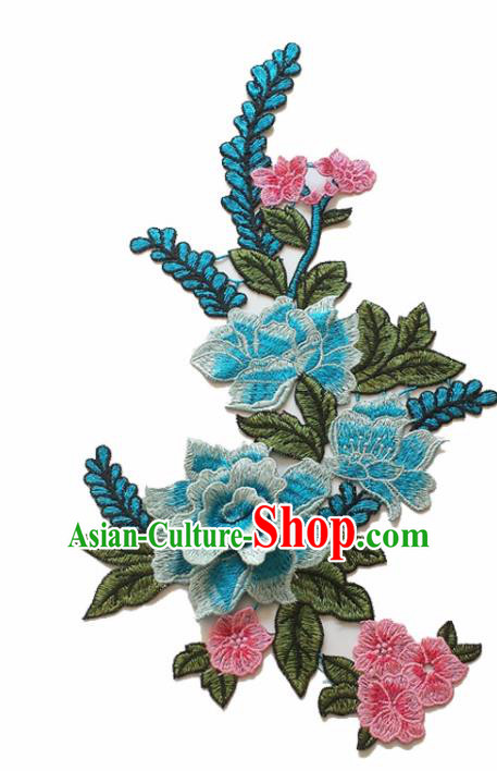 Chinese Traditional Embroidery Light Blue Peony Applique Embroidered Patches Embroidering Cloth Accessories