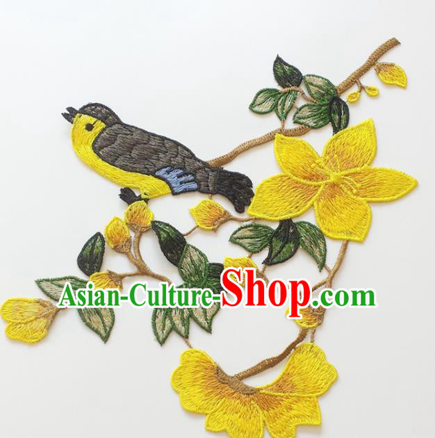 Chinese Traditional Embroidery Mangnolia Bird Yellow Applique Embroidered Patches Embroidering Cloth Accessories