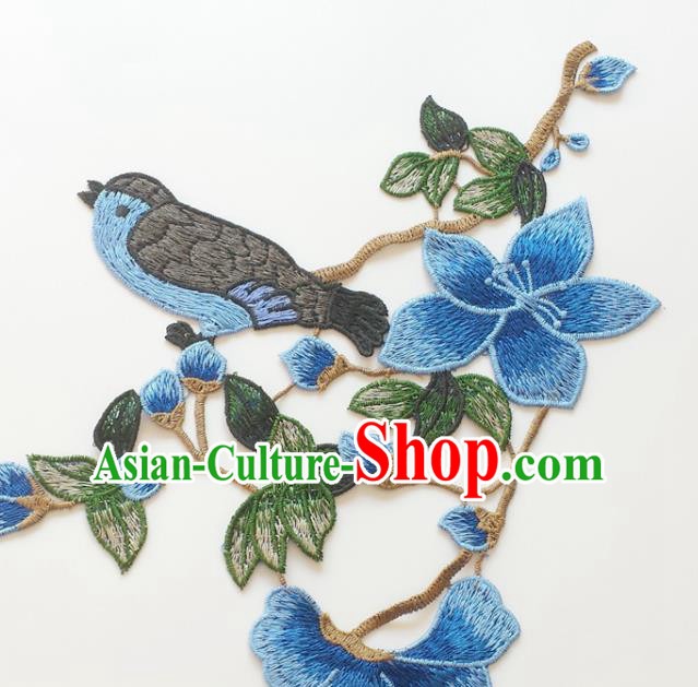 Chinese Traditional Embroidery Mangnolia Bird Blue Applique Embroidered Patches Embroidering Cloth Accessories