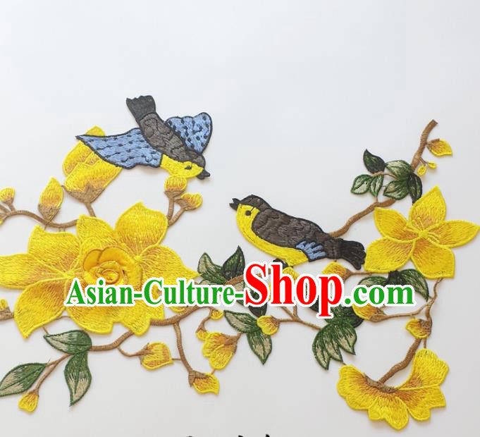Chinese Traditional Embroidery Birds Yellow Mangnolia Applique Embroidered Patches Embroidering Cloth Accessories