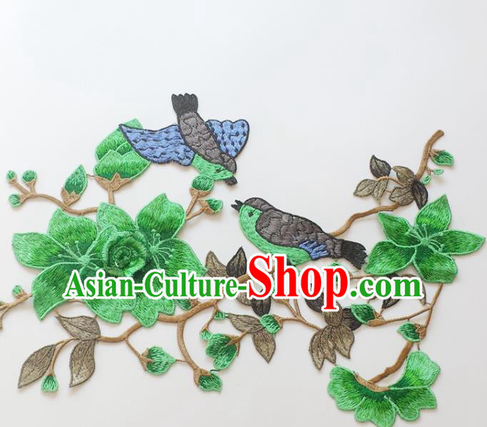 Chinese Traditional Embroidery Birds Green Mangnolia Applique Embroidered Patches Embroidering Cloth Accessories