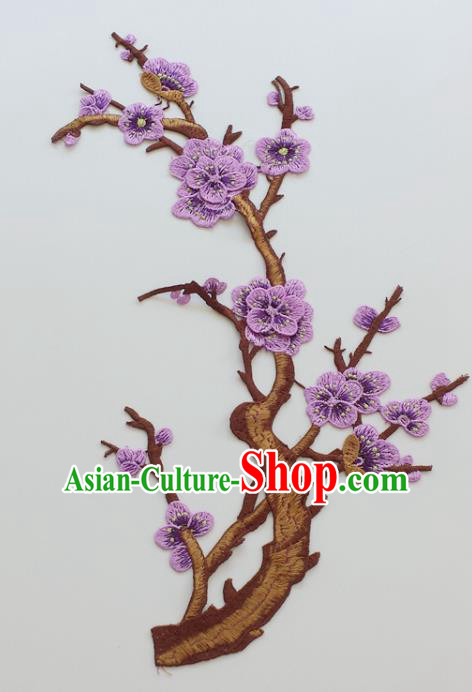 Chinese Traditional Embroidery Purple Plum Branch Applique Embroidered Patches Embroidering Cloth Accessories