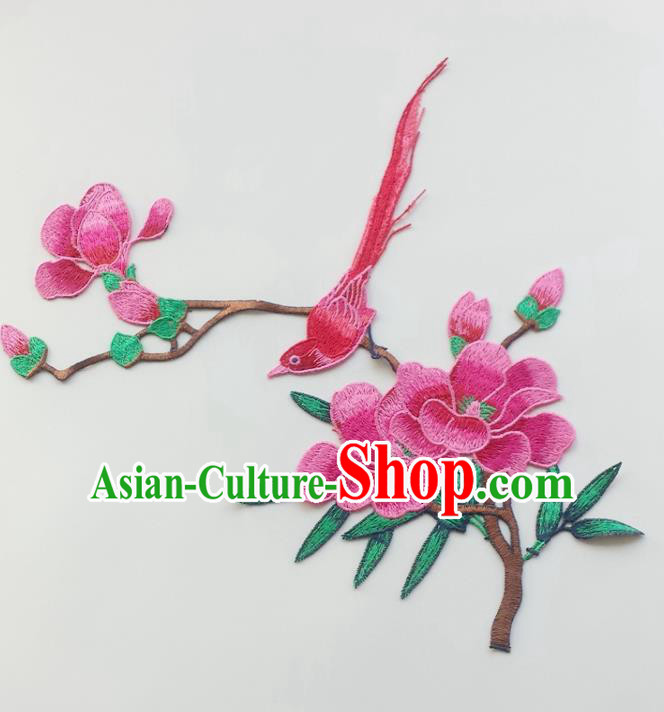 Chinese Traditional Embroidery Rosy Yulan Magnolia Bird Applique Embroidered Patches Embroidering Cloth Accessories