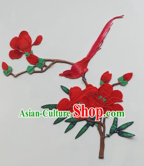 Chinese Traditional Embroidery Red Yulan Magnolia Bird Applique Embroidered Patches Embroidering Cloth Accessories