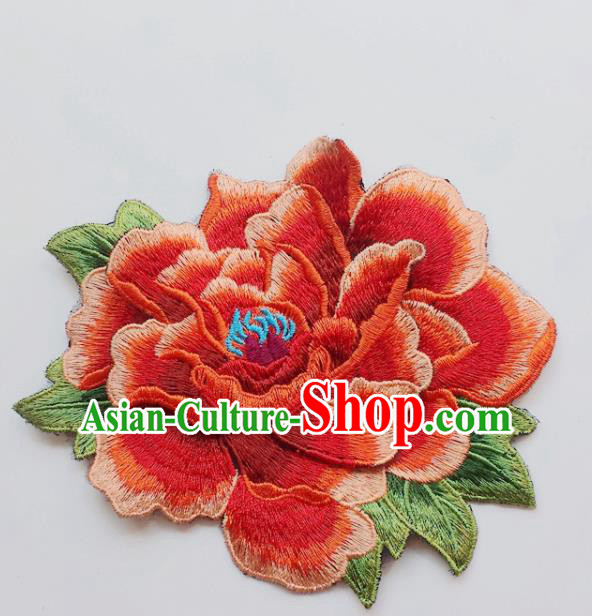 Chinese Traditional Embroidery Watermelon Red Peony Flowers Applique Embroidered Patches Embroidering Cloth Accessories
