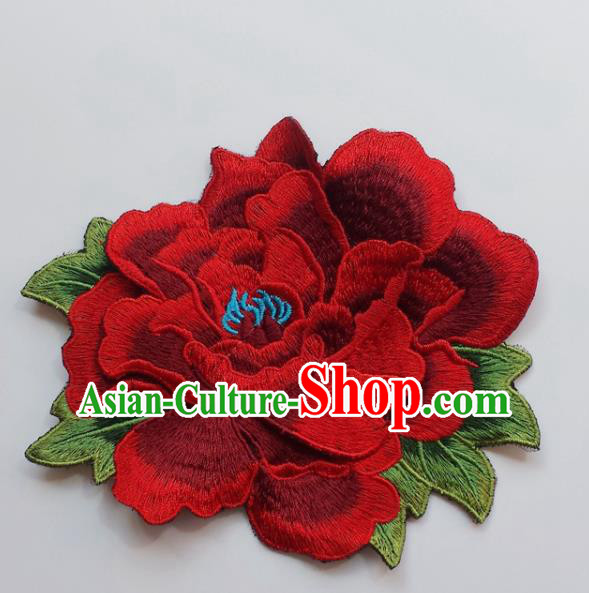 Chinese Traditional Embroidery Red Peony Flowers Applique Embroidered Patches Embroidering Cloth Accessories