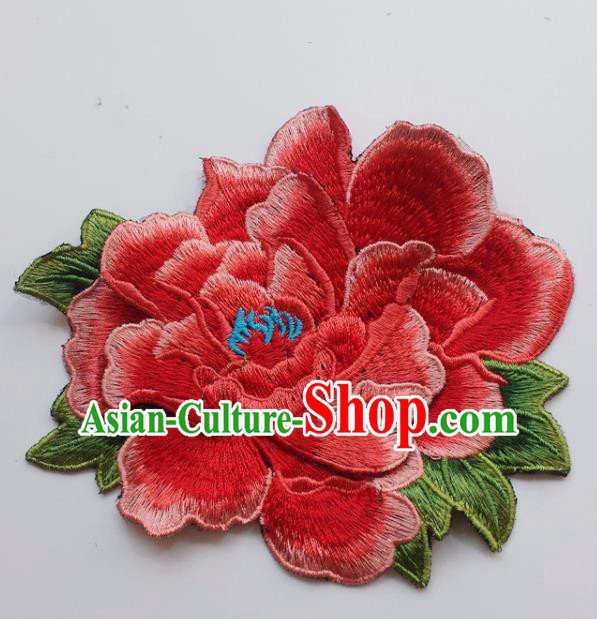 Chinese Traditional Embroidery Light Red Peony Flowers Applique Embroidered Patches Embroidering Cloth Accessories