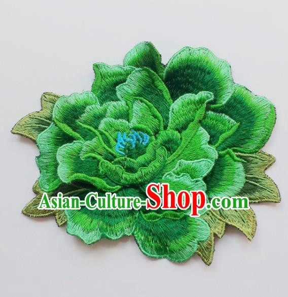 Chinese Traditional Embroidery Green Peony Flowers Applique Embroidered Patches Embroidering Cloth Accessories