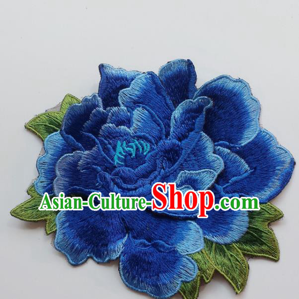 Chinese Traditional Embroidery Royalblue Peony Flowers Applique Embroidered Patches Embroidering Cloth Accessories