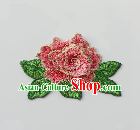 Chinese Traditional Pink Embroidery Peony Applique Embroidered Patches Embroidering Cloth Accessories