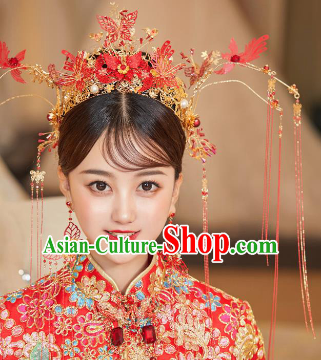 Chinese Ancient Bride Red Butterfly Phoenix Coronet Hairpins Traditional Wedding Xiu He Hair Accessories Complete Set for Women