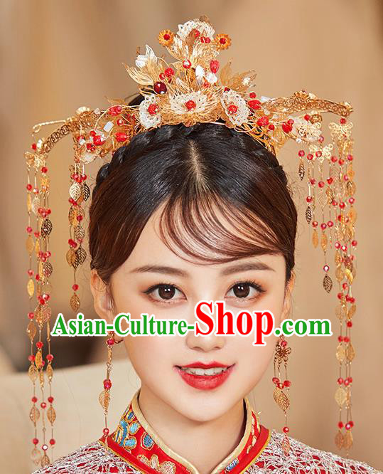 Chinese Ancient Bride Flowers Phoenix Coronet Hairpins Traditional Wedding Xiu He Hair Accessories Complete Set for Women