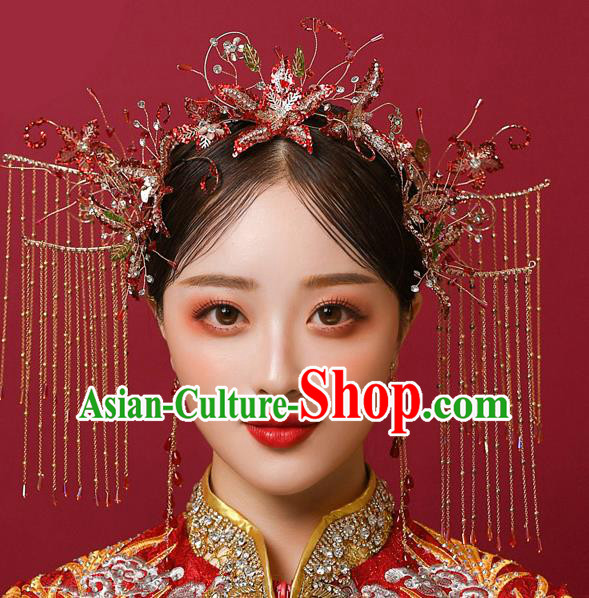 Chinese Ancient Bride Red Beads Phoenix Coronet Tassel Hairpins Traditional Wedding Xiu He Hair Accessories Complete Set for Women