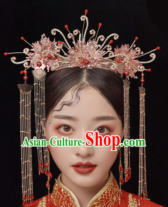 Chinese Ancient Bride Phoenix Coronet Tassel Hairpins Traditional Wedding Xiu He Hair Accessories Complete Set for Women