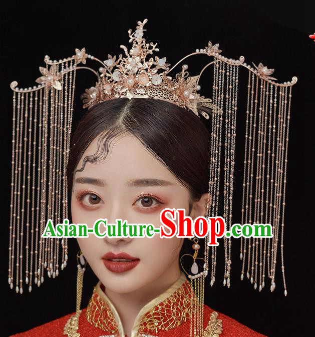 Chinese Ancient Bride Tassel Phoenix Coronet Hairpins Traditional Wedding Xiu He Hair Accessories Complete Set for Women