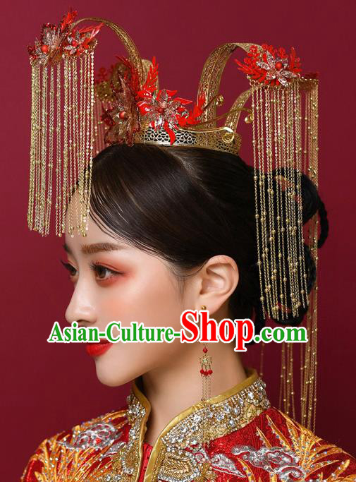 Chinese Ancient Bride Red Phoenix Coronet Hairpins Traditional Wedding Xiu He Hair Accessories Complete Set for Women