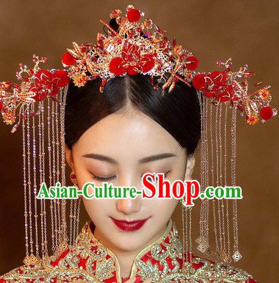 Chinese Ancient Bride Red Venonat Hair Crown Hairpins Traditional Wedding Xiu He Hair Accessories Complete Set for Women