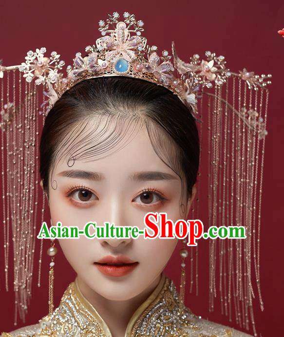 Chinese Ancient Bride Lilac Plum Tassel Hairpins Traditional Wedding Xiu He Hair Accessories Complete Set for Women