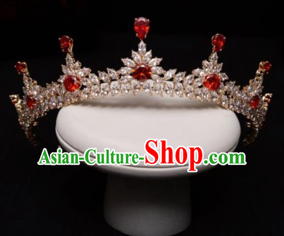 Handmade Wedding Red Crystal Zircon Royal Crown Princess Bride Hair Accessories for Women