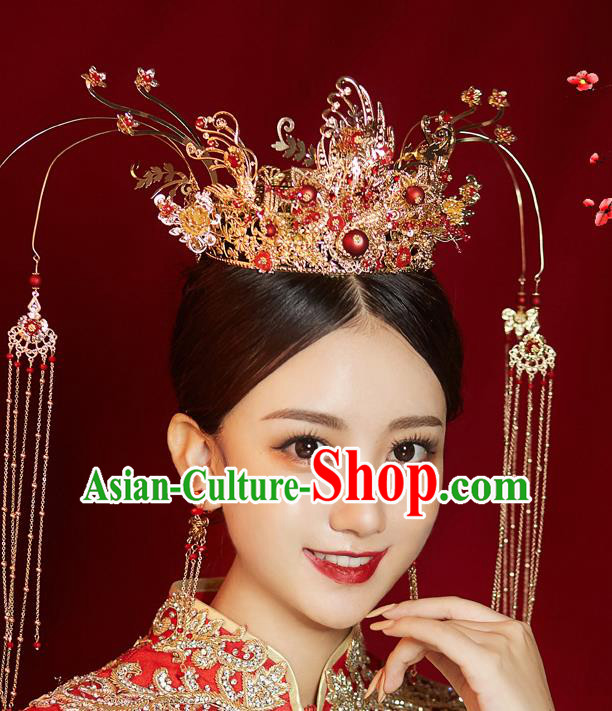 Chinese Ancient Bride Tassel Phoenix Coronet Hairpins Traditional Wedding Xiu He Hair Accessories Complete Set for Women