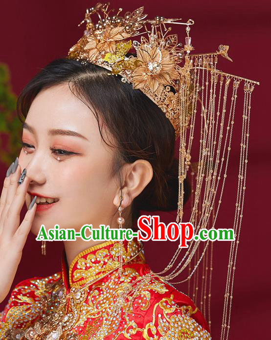 Chinese Ancient Bride Golden Tassel Phoenix Coronet Hairpins Traditional Wedding Xiu He Hair Accessories Complete Set for Women