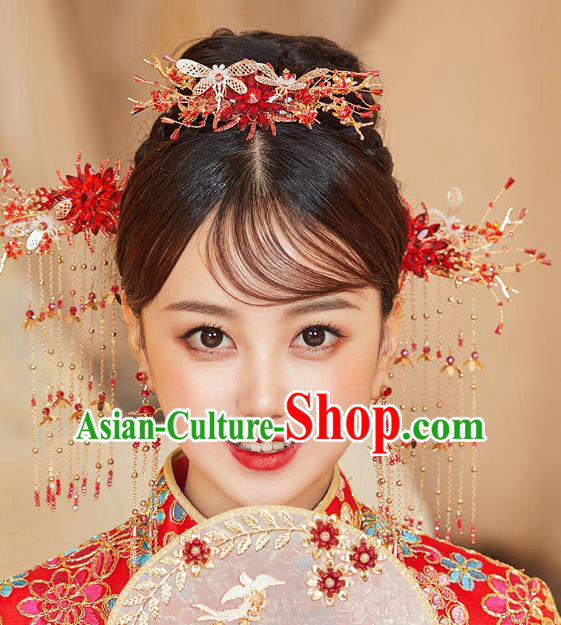 Chinese Ancient Bride Dragonfly Hair Comb Hairpins Traditional Wedding Xiu He Hair Accessories Complete Set for Women