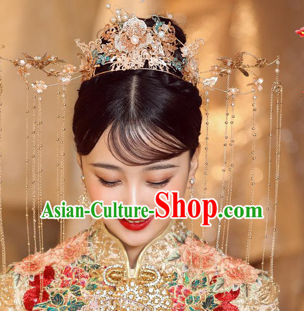 Chinese Ancient Bride Phoenix Coronet Tassel Hairpins Traditional Wedding Xiu He Hair Accessories Complete Set for Women