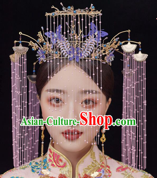 Chinese Ancient Bride Purple Butterfly Phoenix Coronet Tassel Hairpins Traditional Wedding Xiu He Hair Accessories Complete Set for Women