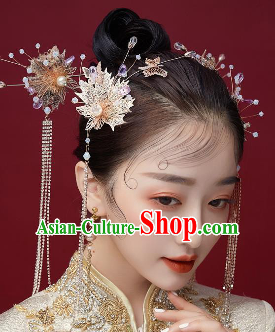 Chinese Ancient Bride Golden Leaf Tassel Hairpins Traditional Wedding Xiu He Hair Accessories Complete Set for Women