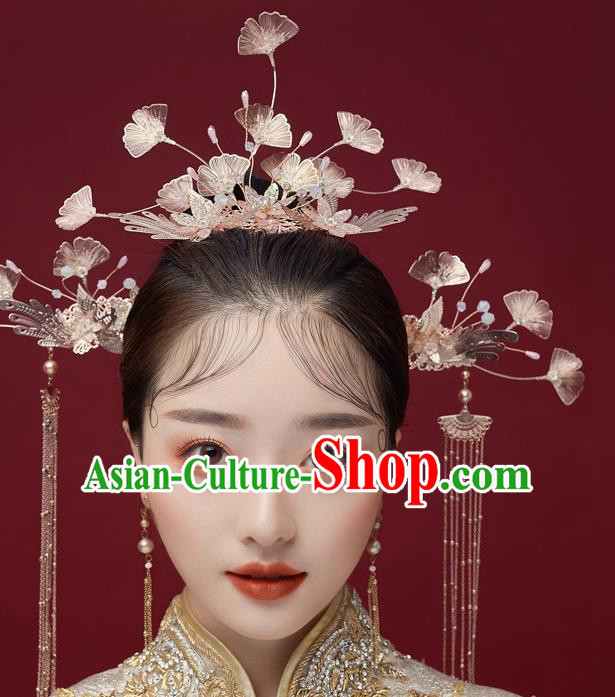 Chinese Ancient Bride Ginkgo Leaf Hair Crown Tassel Hairpins Traditional Wedding Xiu He Hair Accessories Complete Set for Women